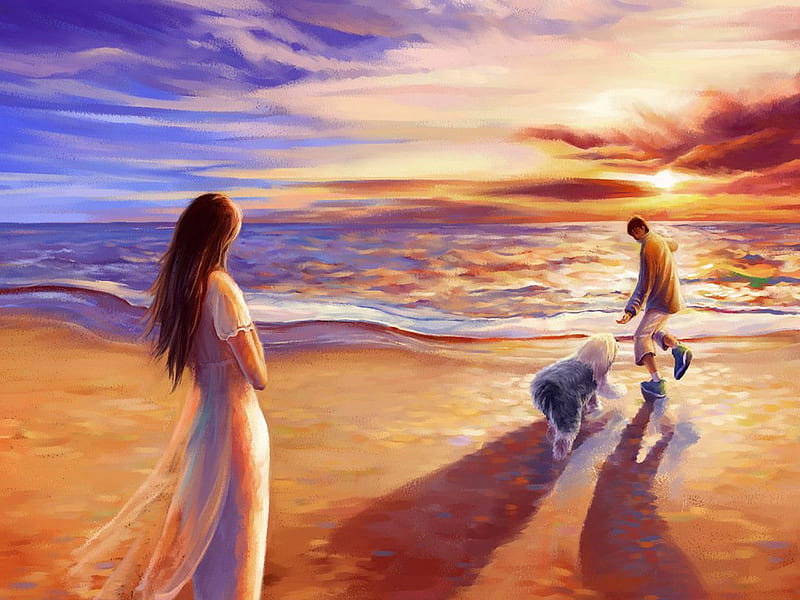Vacation time, vacation, sunset, man, woman, beach, girl, people, summer, puppy, dog, HD wallpaper