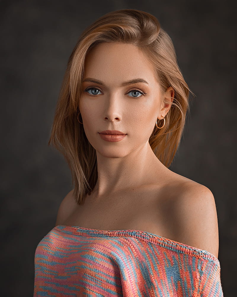 Evgeny Sibiraev, women, model, bare shoulders, blonde, portrait, blue eyes, HD phone wallpaper