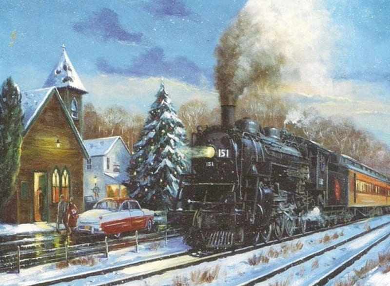 Winter Train, Christmas, locomotive, Train Station, holiday, steam, trees, winter, train, snow, people, car, painting, fir, tracks, HD wallpaper