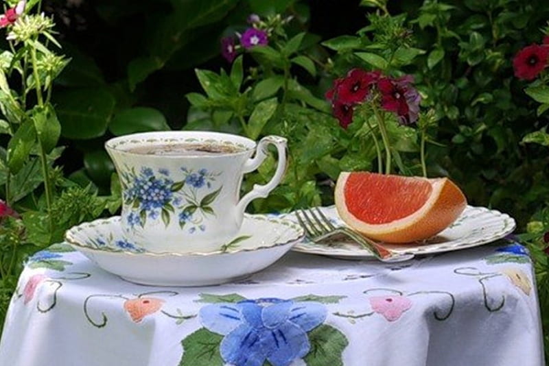 breakfast in the garden, table, garden, coffee, a beautiful cover, HD wallpaper