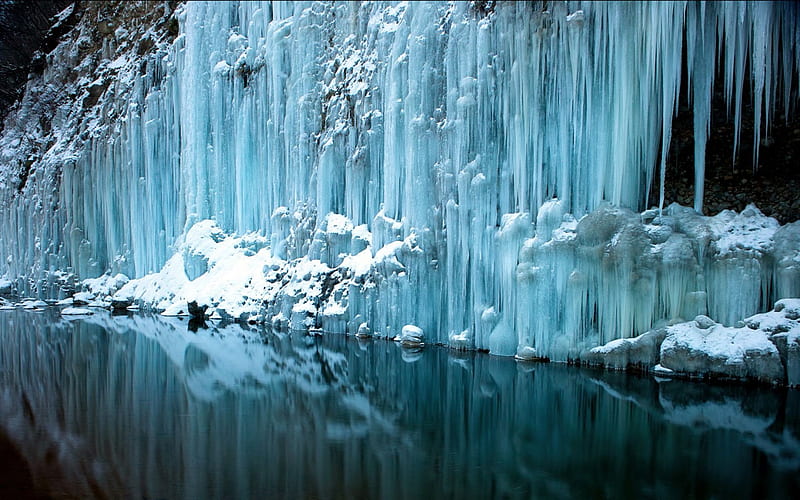 Frozen waterfall, lakes winter, cold, snow waterfall, ice, nature, blue, frost, HD wallpaper