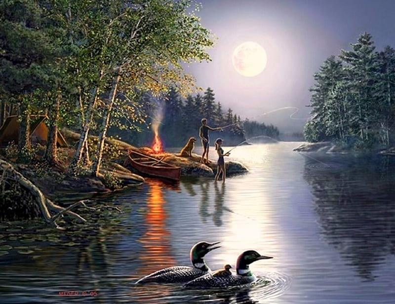 Angler's Moon , moons, draw and paint, loons, camping, love four seasons, canoe, attractions in dreams, fire, paintings, nature, rivers, fishing, HD wallpaper