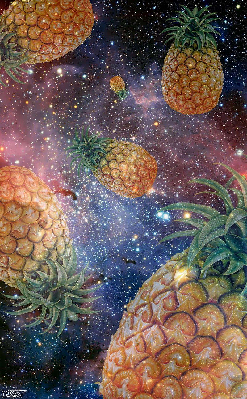 Space Pineapples, fruit, galaxy, nebula, pineapple, pineapples, space, stars, tropical, HD phone wallpaper