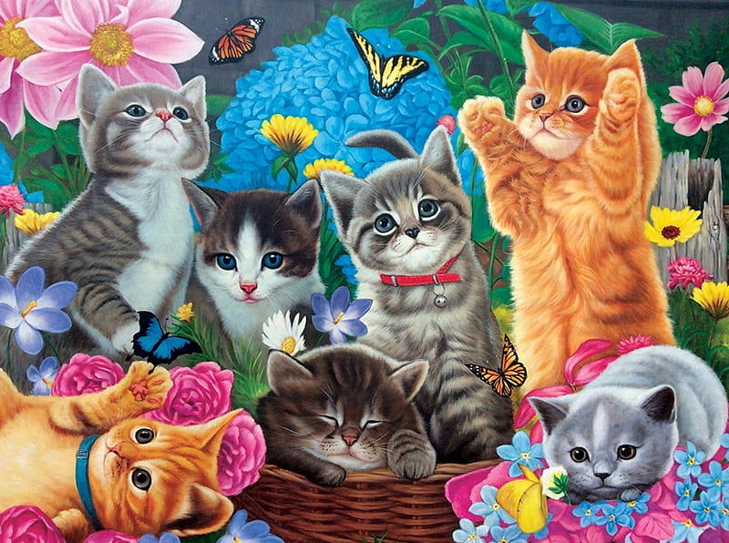 Kitten's Playtime, painting, flower, blossoms, garden, kitties, cats, artwork, HD wallpaper