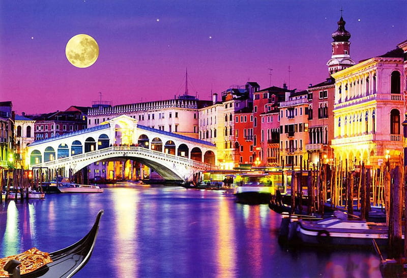 Venice at Night, moon, water, bridge, canal, houses, rialto, reflections, artwork, HD wallpaper