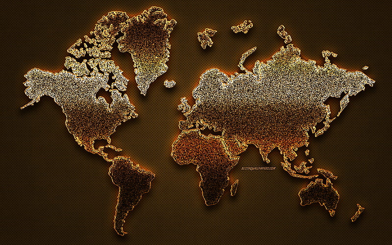 Golden world map, Earth map, Gold glitter world map, World Map Concepts, leather texture, HD wallpaper