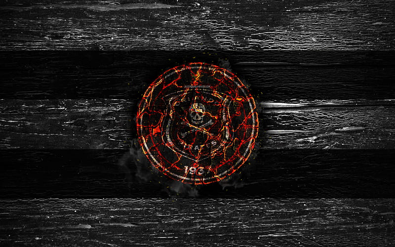 Orlando Pirates FC, fire logo, Premier Soccer League, white and black lines, South African football club, grunge, football, soccer, Orlando Pirates logo, wooden texture, South Africa, HD wallpaper