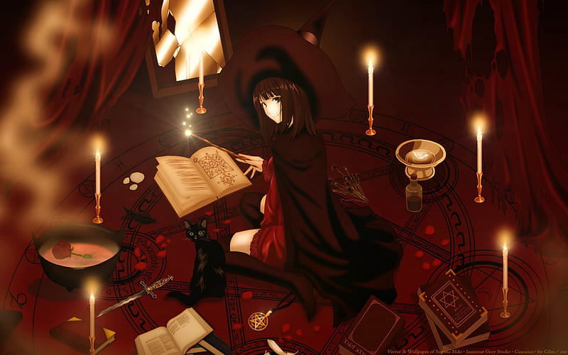 Spell session, a nice witch, anime, black cat, manga, candles, HD wallpaper