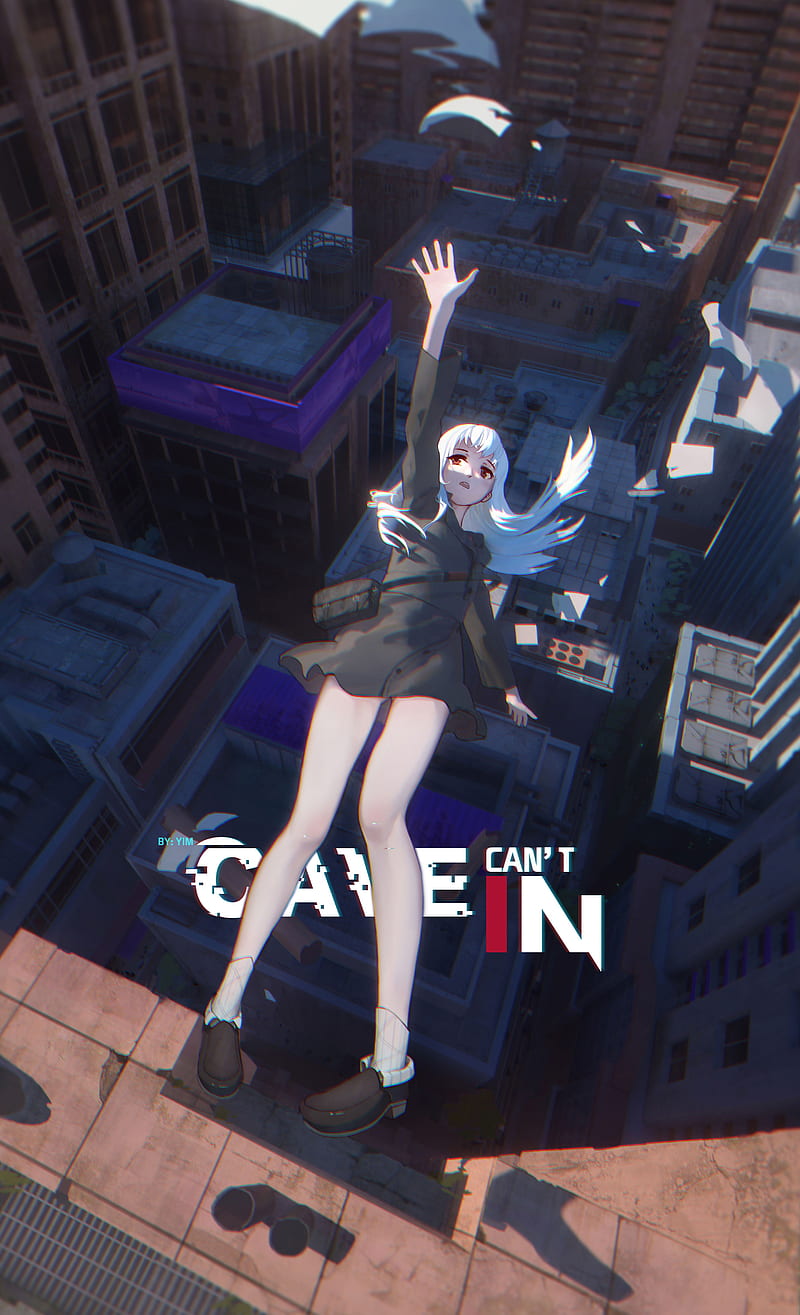 anime, anime girls, falling, city, white hair, HD phone wallpaper