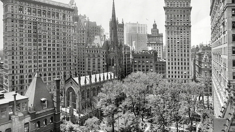 vintage black and white panorama of trinity church in nyc, city, cemetery, black and white, church, vintage, HD wallpaper