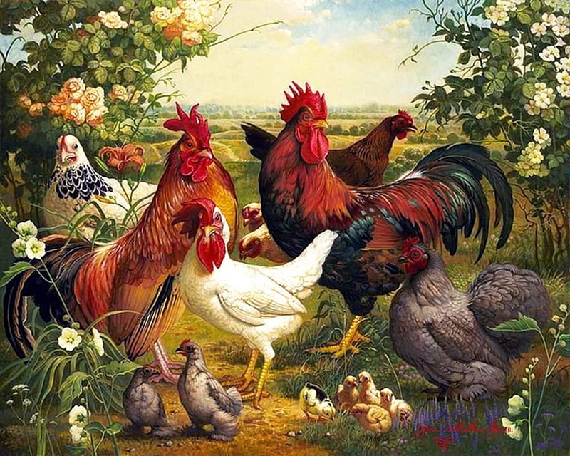 Poultry, rooster, hens, chicken, painting, flowers, trees, artwork, landscape, HD wallpaper