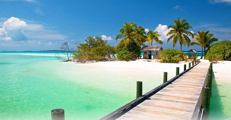 Tropical Summer, wooden bridge, hut, bonito, clouds, palm trees, sea, beach, sand, paradise, summer, island, tropical, HD wallpaper