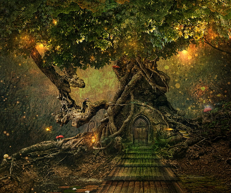 Treescapes, art, fairies, fantasy, forest, lantern, tree house, woods, HD wallpaper