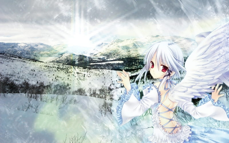 Journey-of-snow, scenic, wing, mountain, fantasy, anime, feather, hot, anime girl, scenery, hill, star, female, wings, cloud, angel, sky, sexy, winter, cute, girl, snow, scene, HD wallpaper
