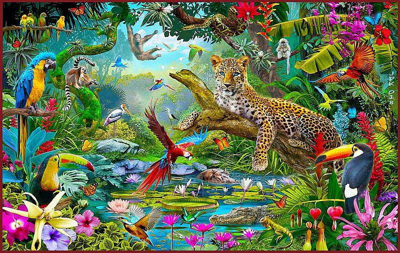 In the jungle, leopard, painting, monkeys, flowers, parrots, trees, animals, artwork, toucans, HD wallpaper