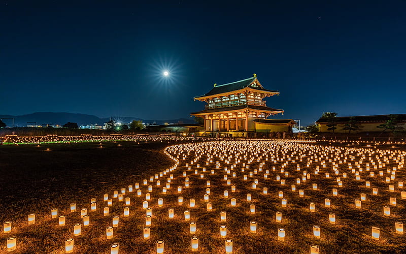 Nara Park, Japanese temple, Nara, japan, evening, lanterns, candles, HD wallpaper