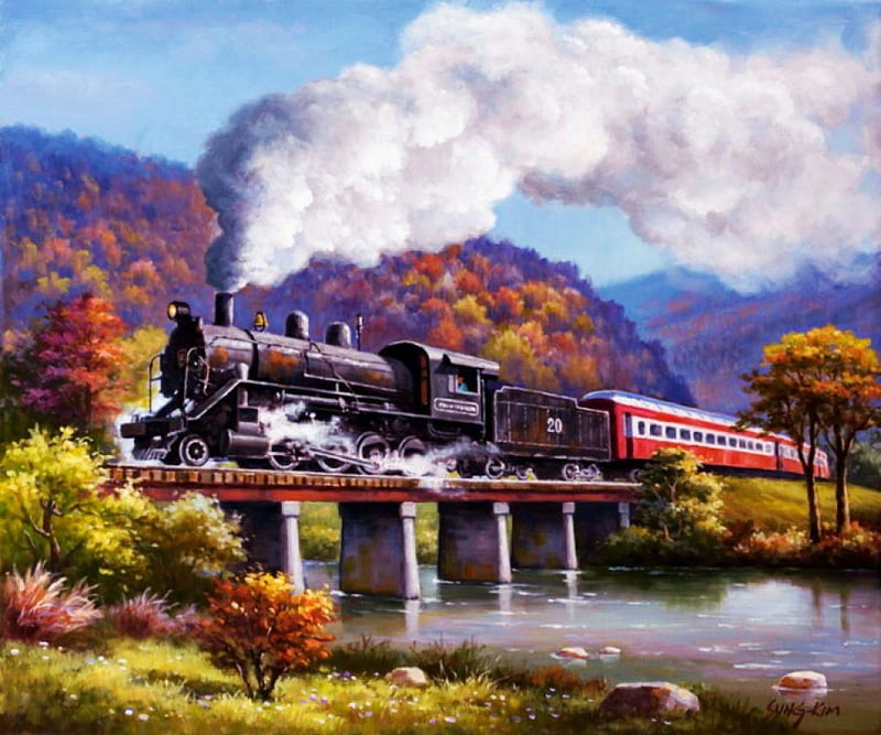 Iron Horse, autumn, locomotive, colors, steam, trees, artwork, train, bridge, painting, river, HD wallpaper