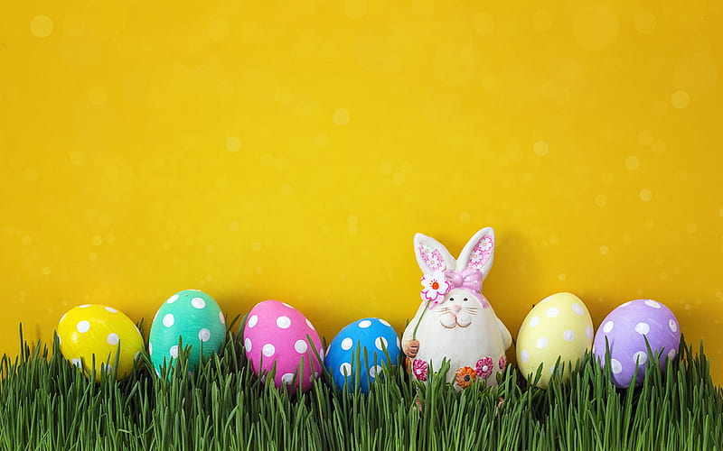 Happy Easter!, rabbit, yellow, bunny, easter, figurine, card, colorful,  grass, HD wallpaper | Peakpx
