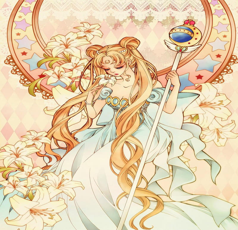 Serenity, pretty, wand, anime, sailor moon, magic, long hair, princess, HD wallpaper