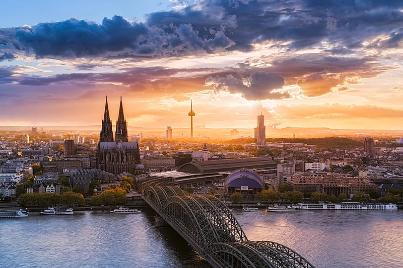 Cologne, Germany, rhine, bridge, houses, river, sunset, church, clouds, sky, HD wallpaper