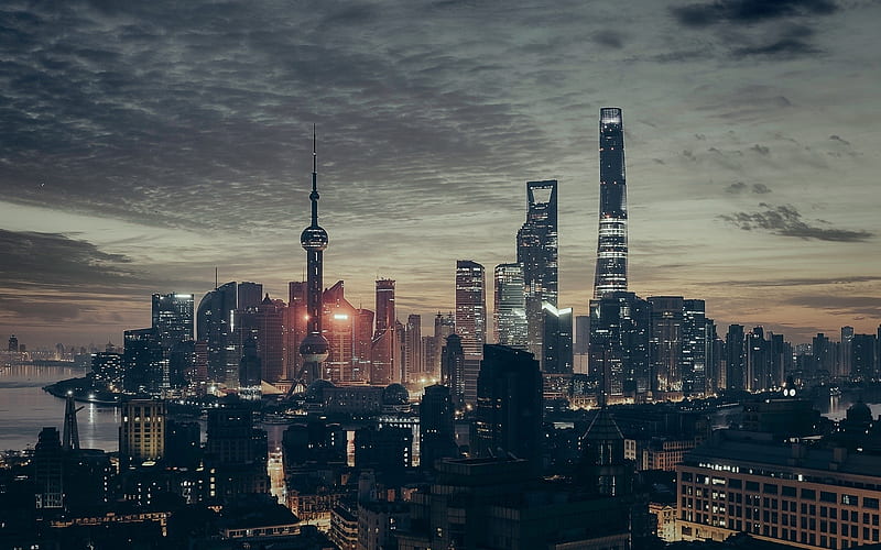 Shanghai, skyscrapers, evening city, China, Asia, HD wallpaper