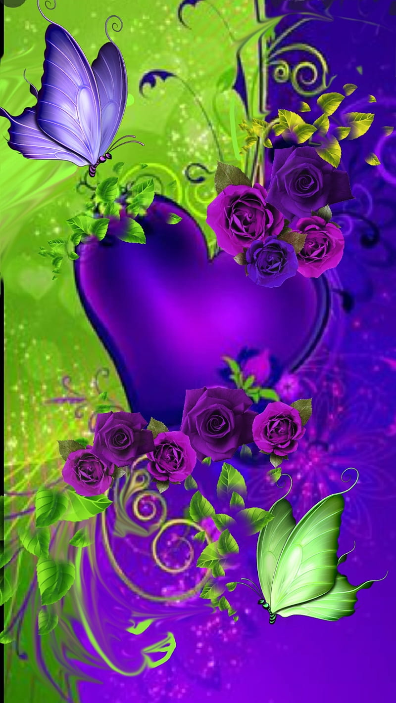 Passionately, butterfly, colors, flowers, gold, green, heart, neon, purple, spiral, HD phone wallpaper