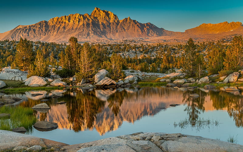 evening, sunset, mountain landscape, lake, Sierra Nevada, California, USA, HD wallpaper