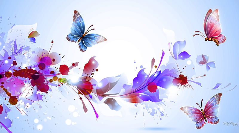 A Splash of Color, butterflfy, soft, butterflies, lavender, abstract, floral, purple, papillon, flowers, blue, HD wallpaper