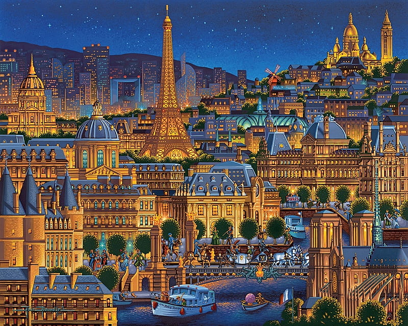 Paris, art, luminos, orange, buildings, city, france, eiffel tower, painting, pictura, blue, HD wallpaper
