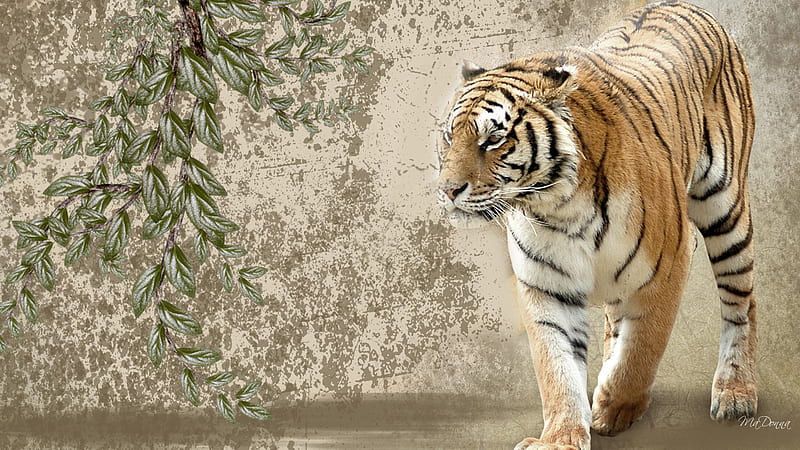 Tiger Prowl, tree, grunge, leaves, brown, wild, firefox persona, tiger, cat, HD wallpaper