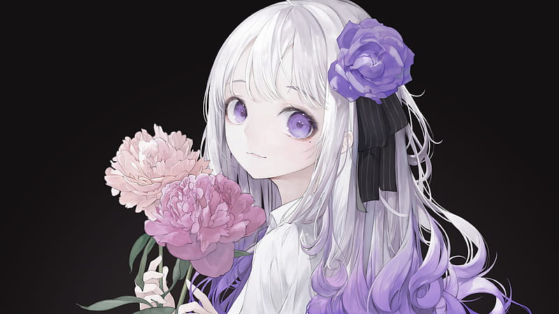 Anime, Girl, Purple Eyes , Purple Flower , White Hair, HD wallpaper