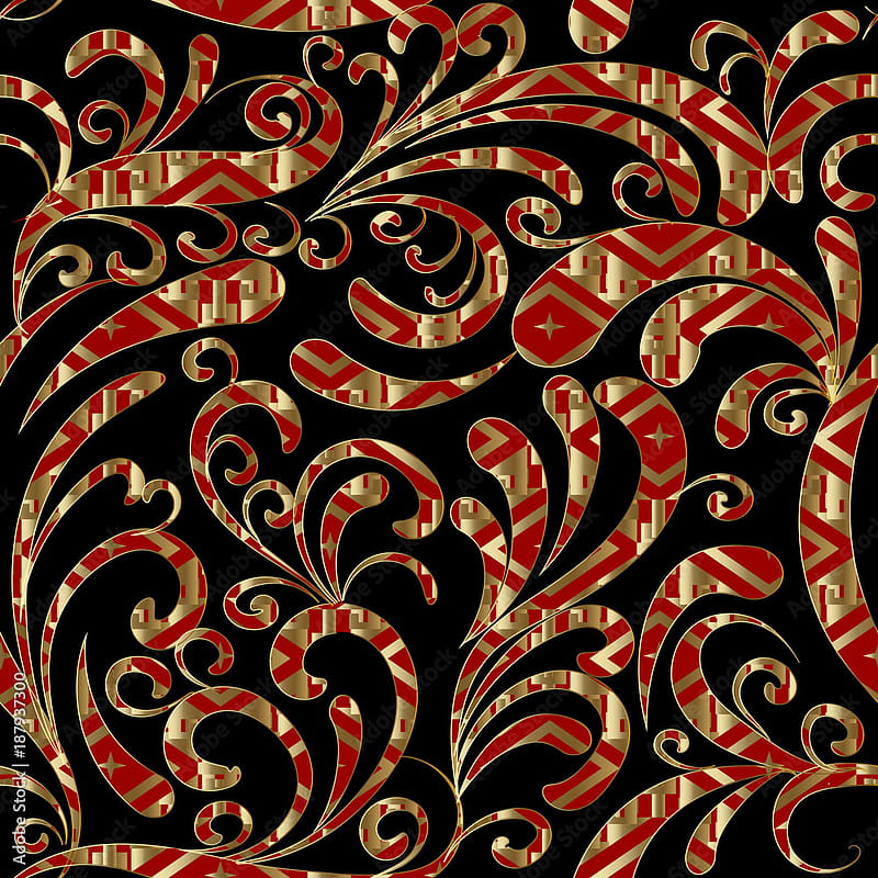 Paisleys seamless pattern. Black floral backgrounds illustration with hand drawn red gold ornamental paisley flowers, leaves, elegance flourish ornaments. Vector endless luxury texture Stock Vector, black and red luxury, HD phone wallpaper
