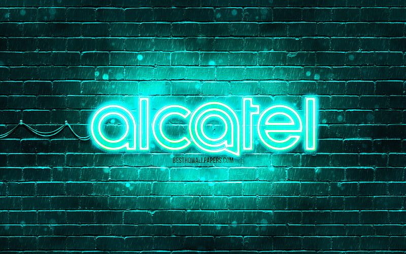 Alcatel turquoise logo, , turquoise brickwall, Alcatel logo, brands, Alcatel neon logo, Alcatel, HD wallpaper