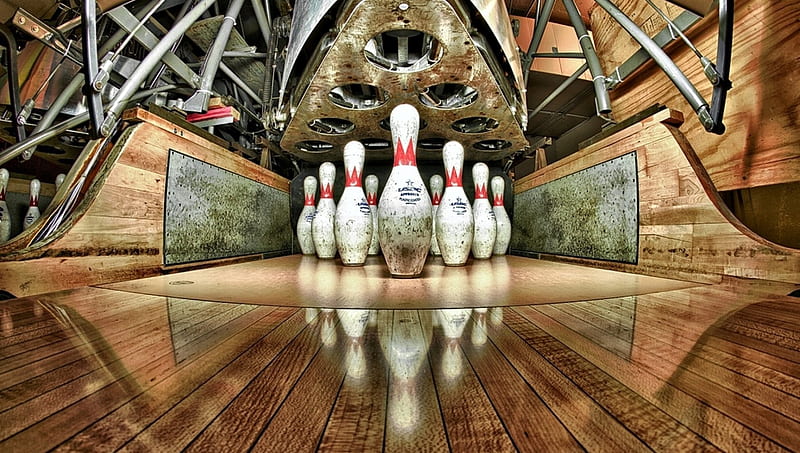 bowling pins r, r, lane, bowling, reflection, pins, HD wallpaper