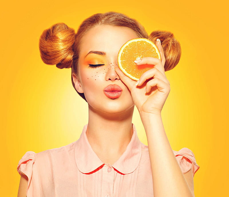 Orange kiss, model, orange, woman, kiss, anna subbotina, fruit, girl, hand, slice, HD wallpaper