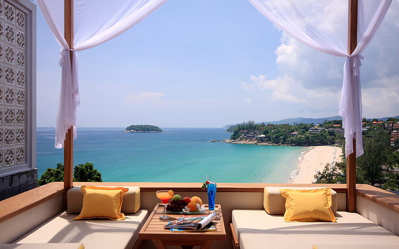 Beautiful View, table, vacation, window, view, balcony, ocean, bonito, sky, peaceful, drink, island, tropical, relaxing, cushion, maldive, HD wallpaper