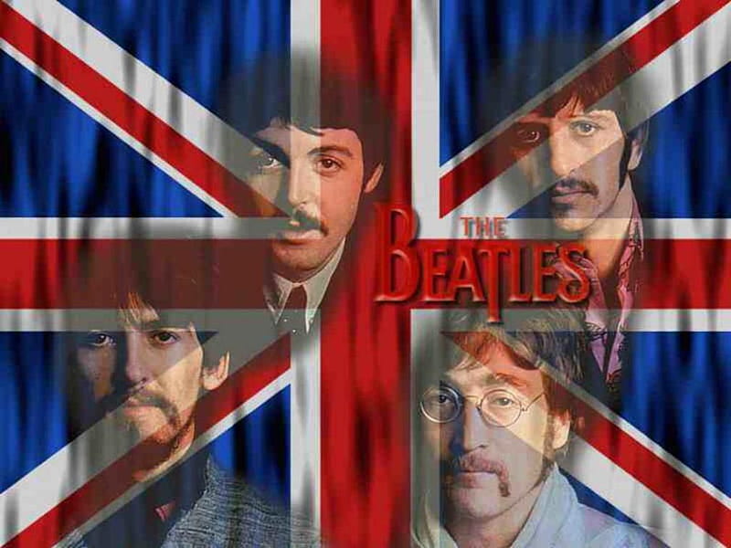 Beatles, harrison, british, collage, starr, mccartney, lennon, flag, HD wallpaper