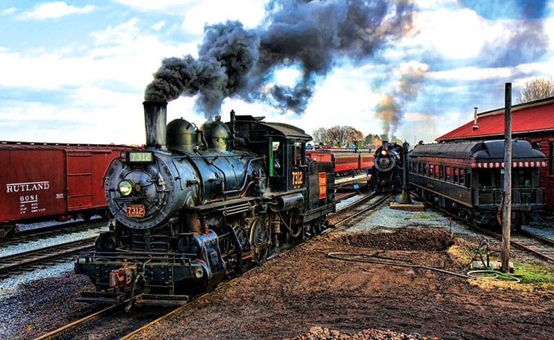 Old 7312 - Train F1, railroad, art, locomotive, artwork, yard, train, engine, painting, wide screen, tracks, rails, HD wallpaper