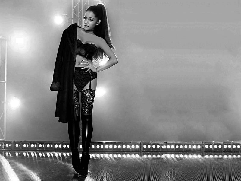 Ariana Grande, lingerie, black white, panties, bonito, singer, coat, 2019, stockings, actress, Grande, bra, boots, secy, Ariana, model, legs, HD wallpaper