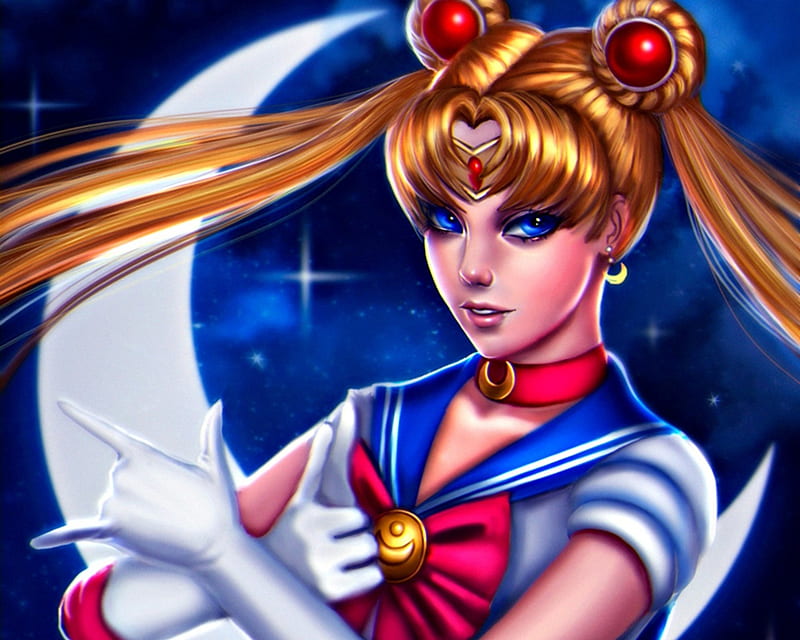 Sailor Moon, red, moon, manga, yellow, blonde, moon, girl, anime, bylorang, white, blue, HD wallpaper