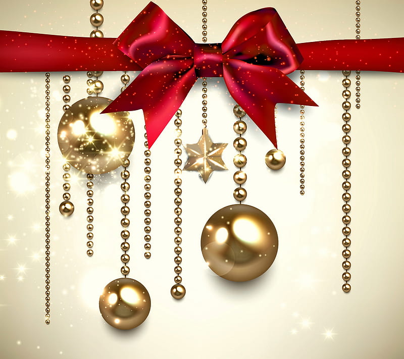 Christmas Decoration, balls, bow, christmas, decoration, gold, merry, new year, HD wallpaper