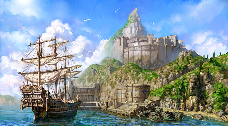 Fantasy Harbour, abstract, sky, clouds, sea, sail, fantasy, ship, harbour, castle, HD wallpaper