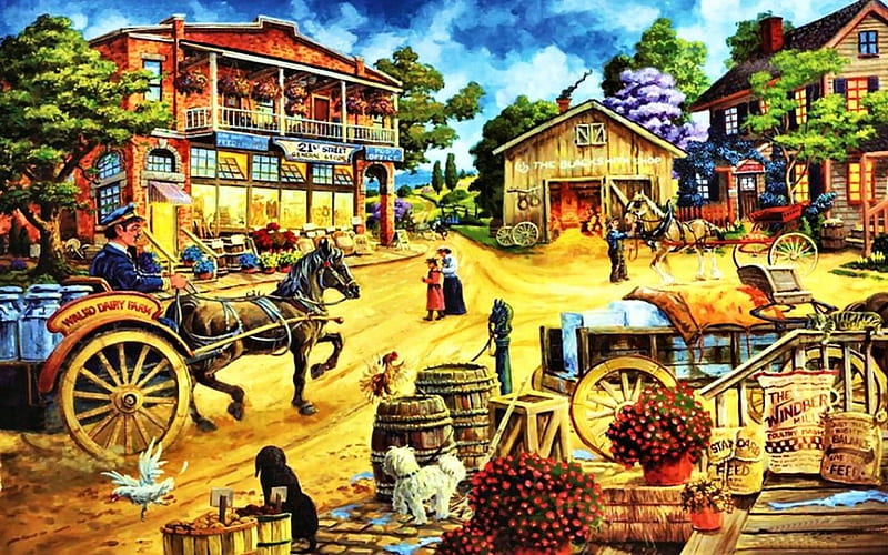 Other Dairy Deliveries, stree, houses, cart, artwork, horses, blacksmith, people, painting, village, dogs, HD wallpaper