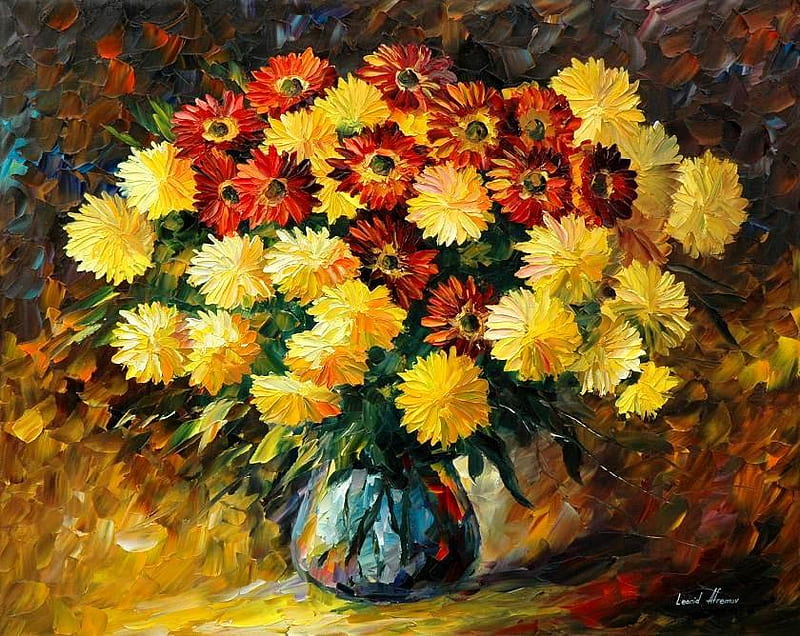 Autumn Lust, yellows, fall, autumn, colourful, background, vase, floral, bouquet, flowers, reds, blue, HD wallpaper