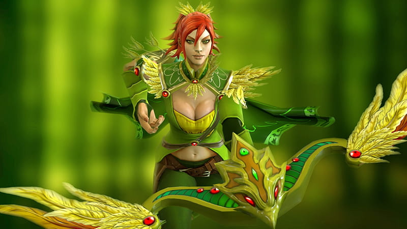Windrunner, fantasy, green, girl, redhead, dota, archer, HD wallpaper