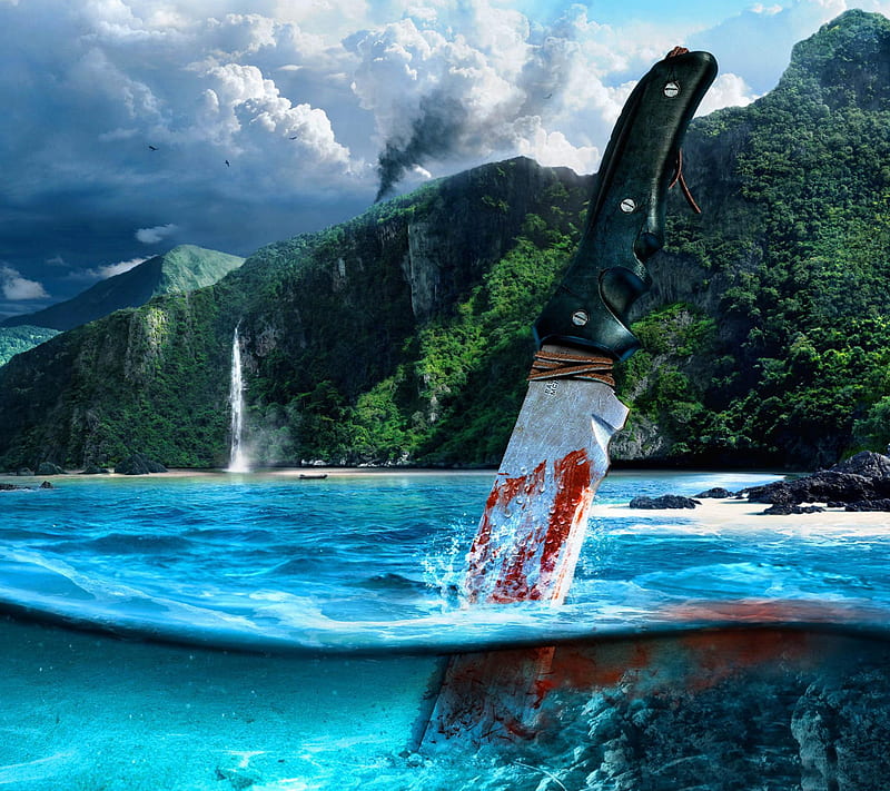 Far Cry 3, blood, fun, game, gaming, knife, ocean, water, HD wallpaper