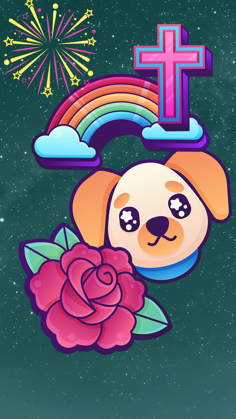 Inspirational wall, christen, cross, cute, dog, fireworks, flower, puppy, rainbow, rose, HD phone wallpaper