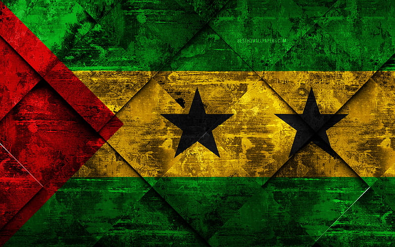 Flag of Sao Tome and Principe grunge art, rhombus grunge texture, Sao Tome and Principe flag, Africa, national symbols, Sao Tome and Principe, creative art, HD wallpaper