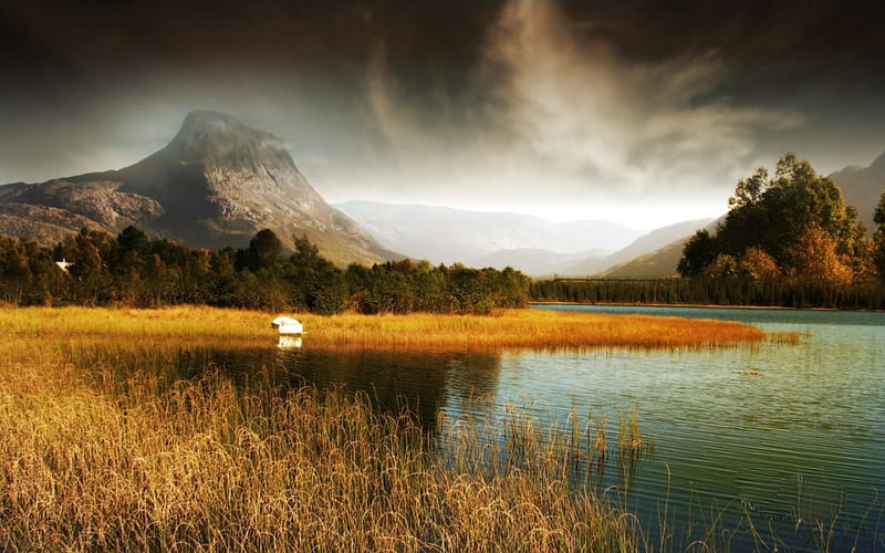 THE LOST MOUNTAIN, mountain, fantasy, grass, manipulation, lake, field, landscape, HD wallpaper