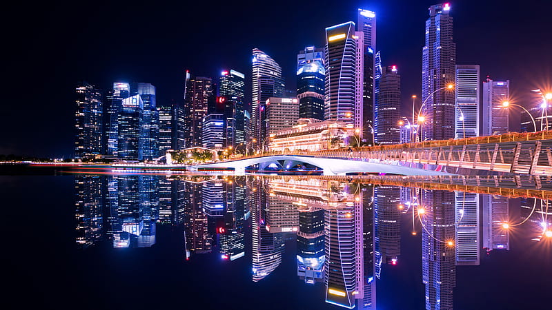 Singapore City Skyline During Nighttime With Reflection Travel, HD wallpaper